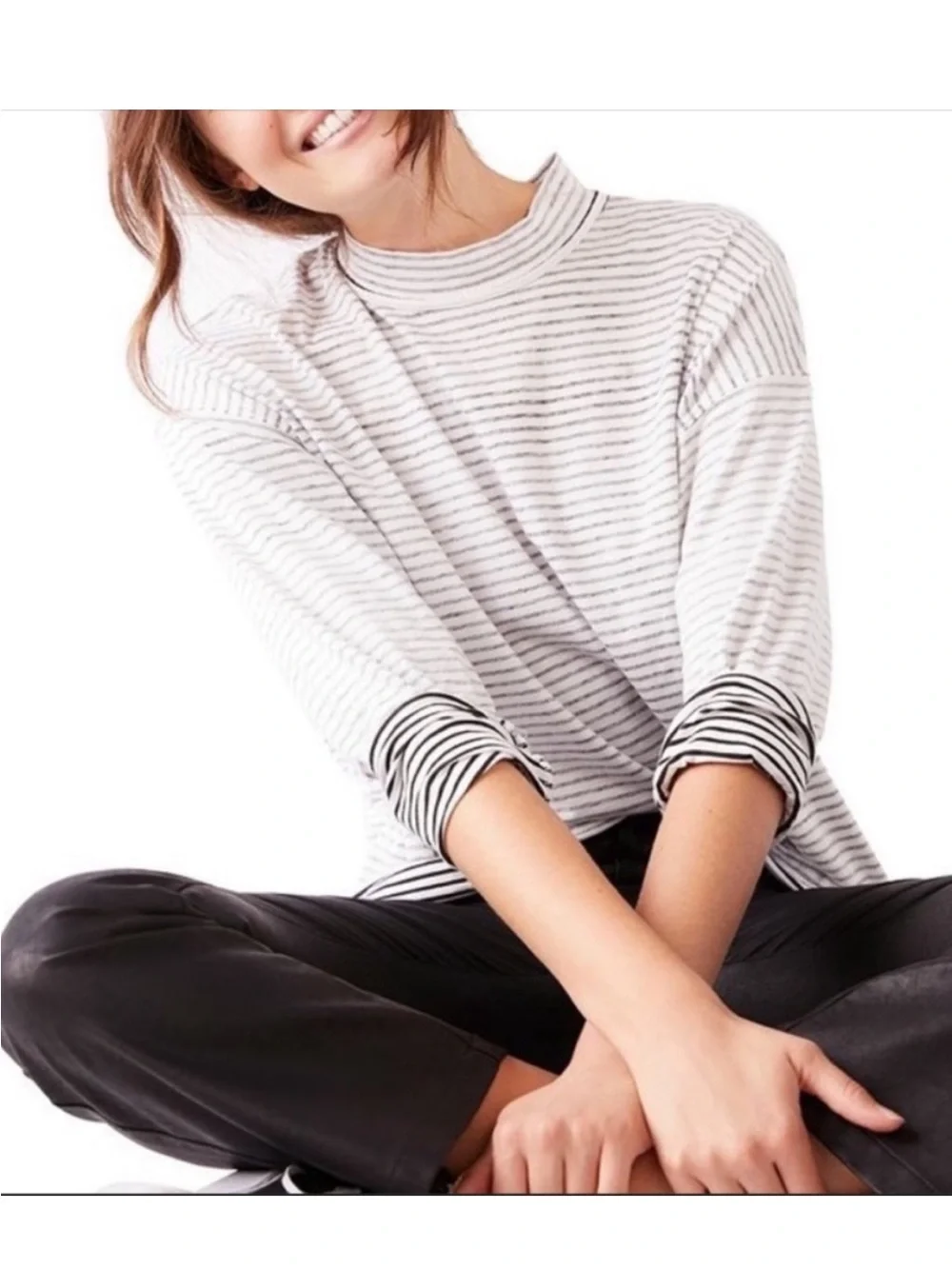 Free People Be Free MockNeck Striped Top - White‎ & Black XS Oversized